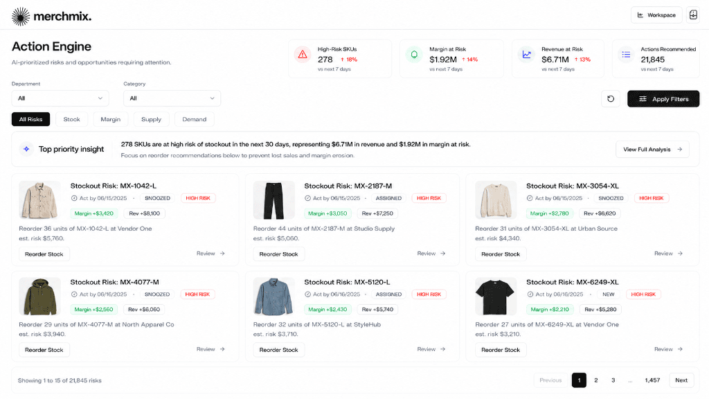 Merchmix action engine showing AI product recommendations