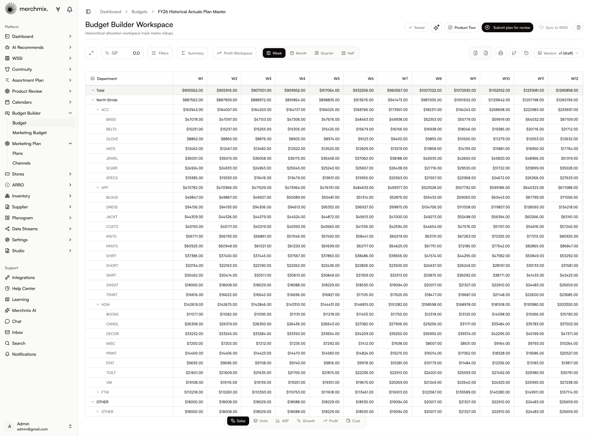 Budget Builder workspace showing a full year weekly plan rolled up across the product hierarchy.