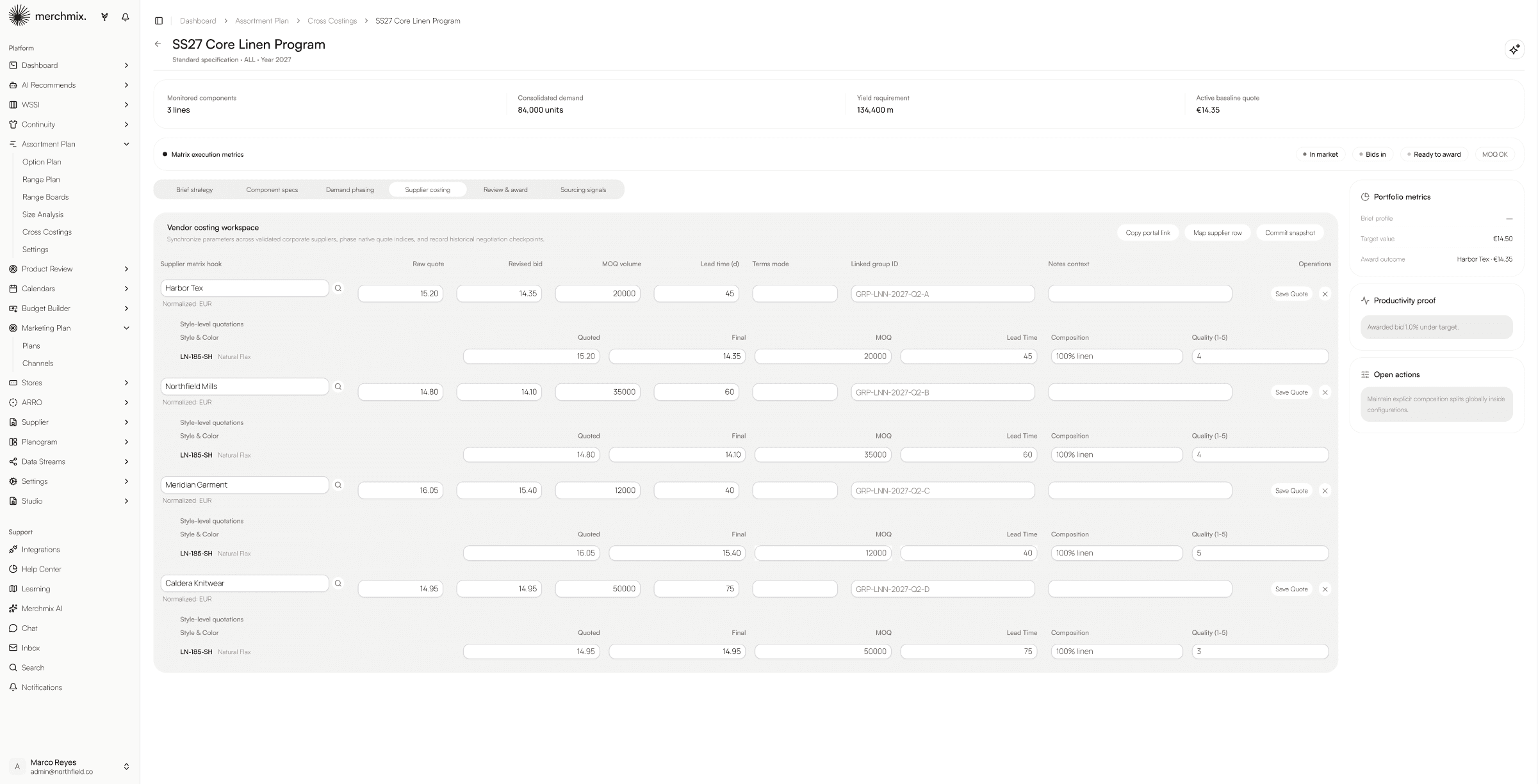 Cross Costings vendor workspace comparing supplier quotes normalised to one currency against a target cost