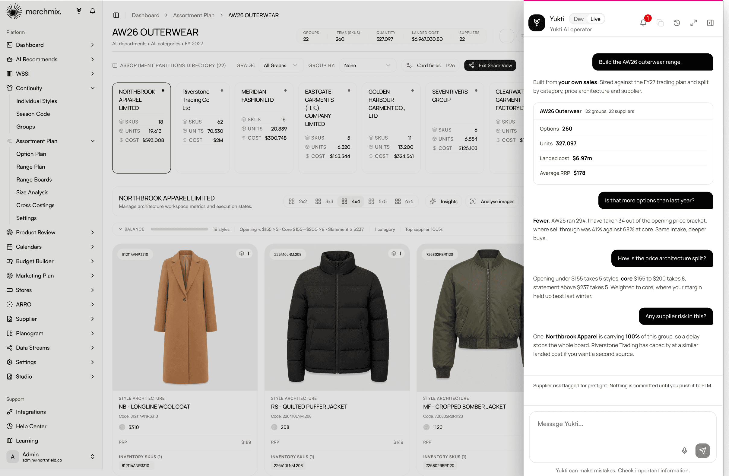 Yukti building the AW26 outerwear range, showing option counts, price architecture and a flagged supplier concentration.