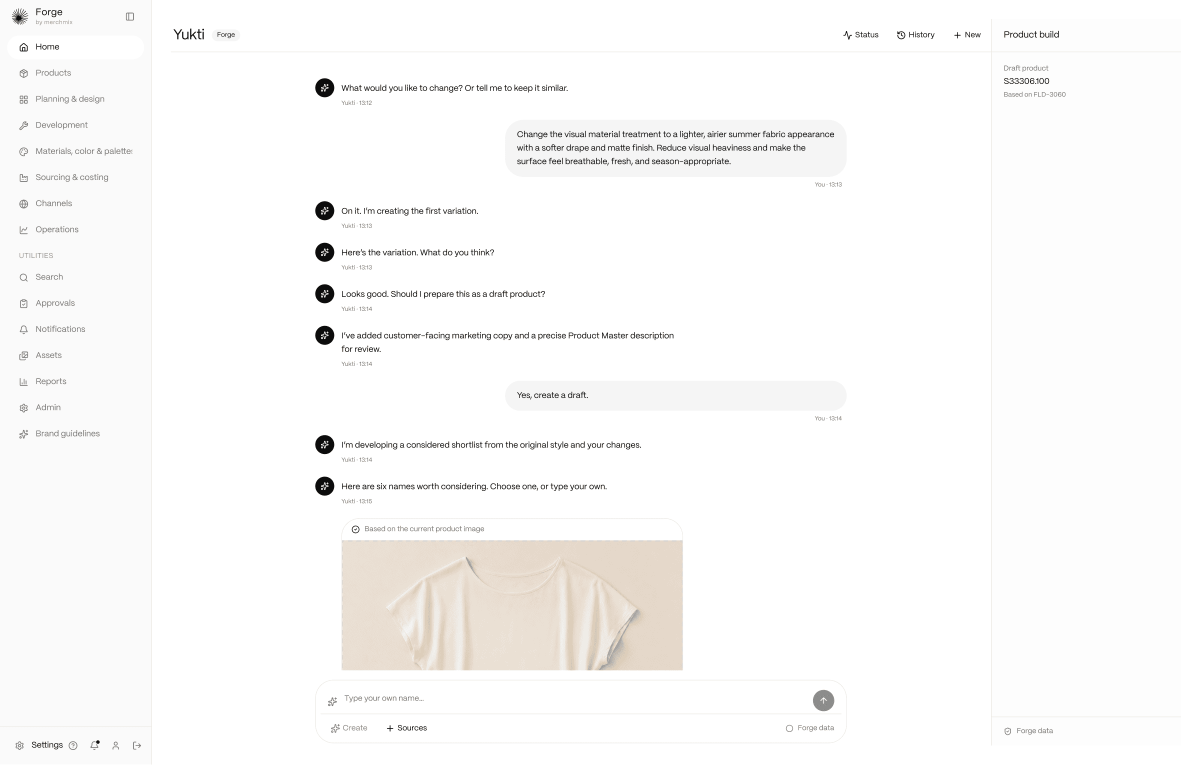 Yukti in the Forge product development workspace, evolving an existing style into a new variation with generated descriptions and a name shortlist.