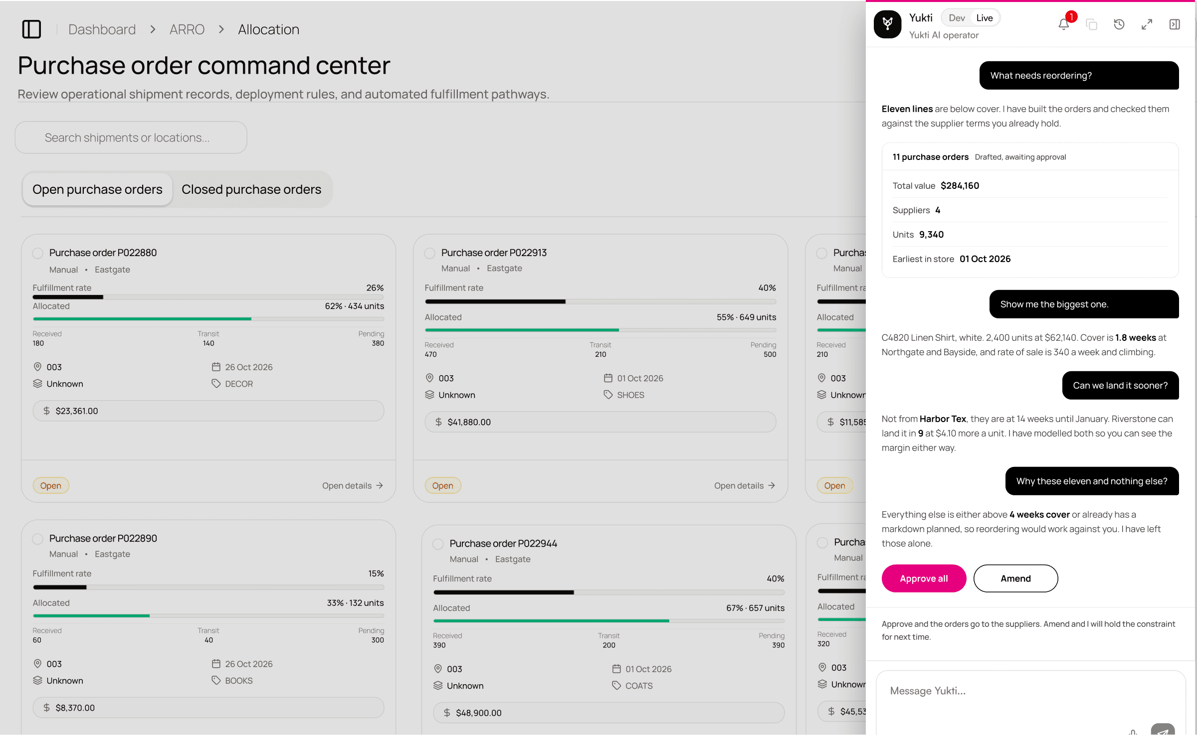 Yukti presenting eleven drafted purchase orders with approve and amend controls, showing cover and lead time reasoning.