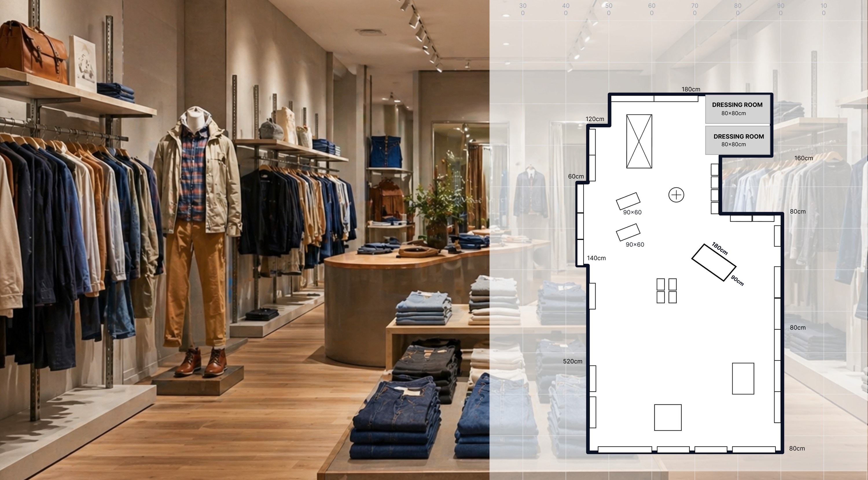 Store floorplan overlaid on a menswear store interior, showing fixture positions and dimensions