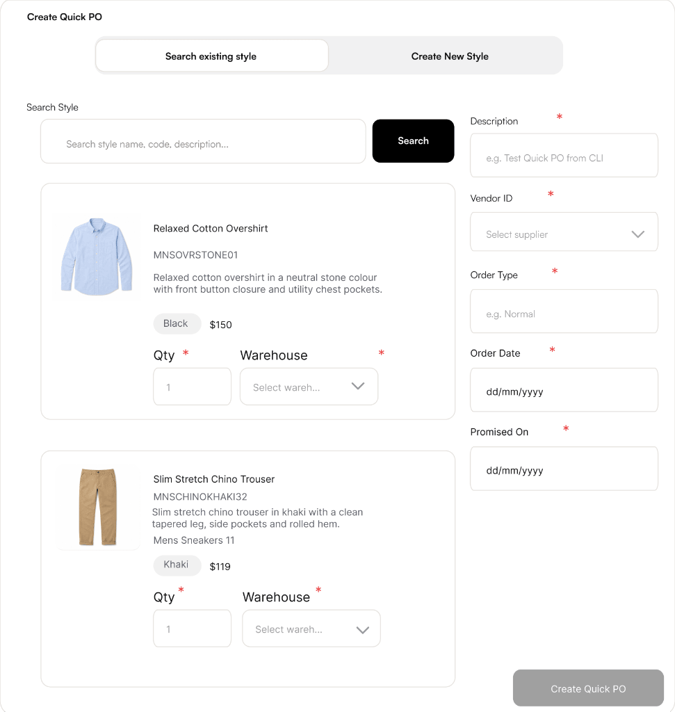 Create Quick PO screen showing supplier selection, line items and margin summary
