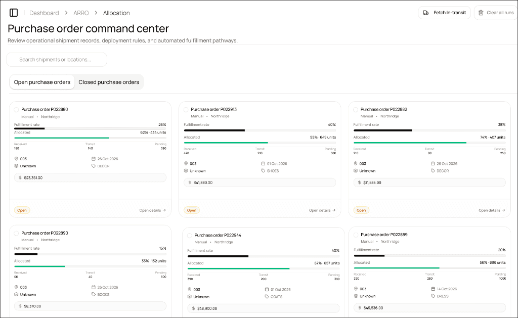 merchmix core plus purchase order view showing open purchase orders with fulfilment, allocation and in-transit status