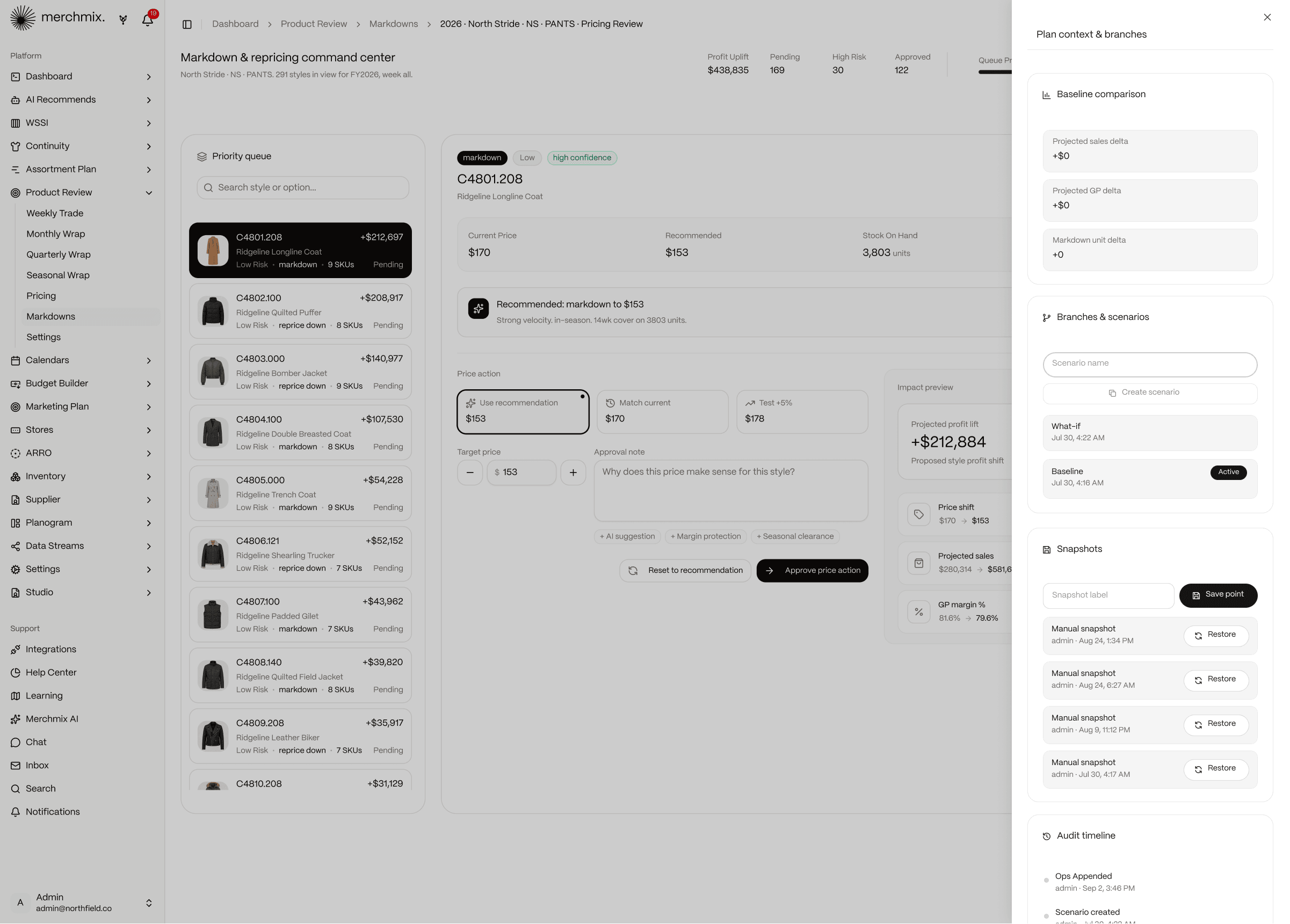 Merchmix markdown plan context panel showing baseline comparison, scenarios, snapshots and audit timeline