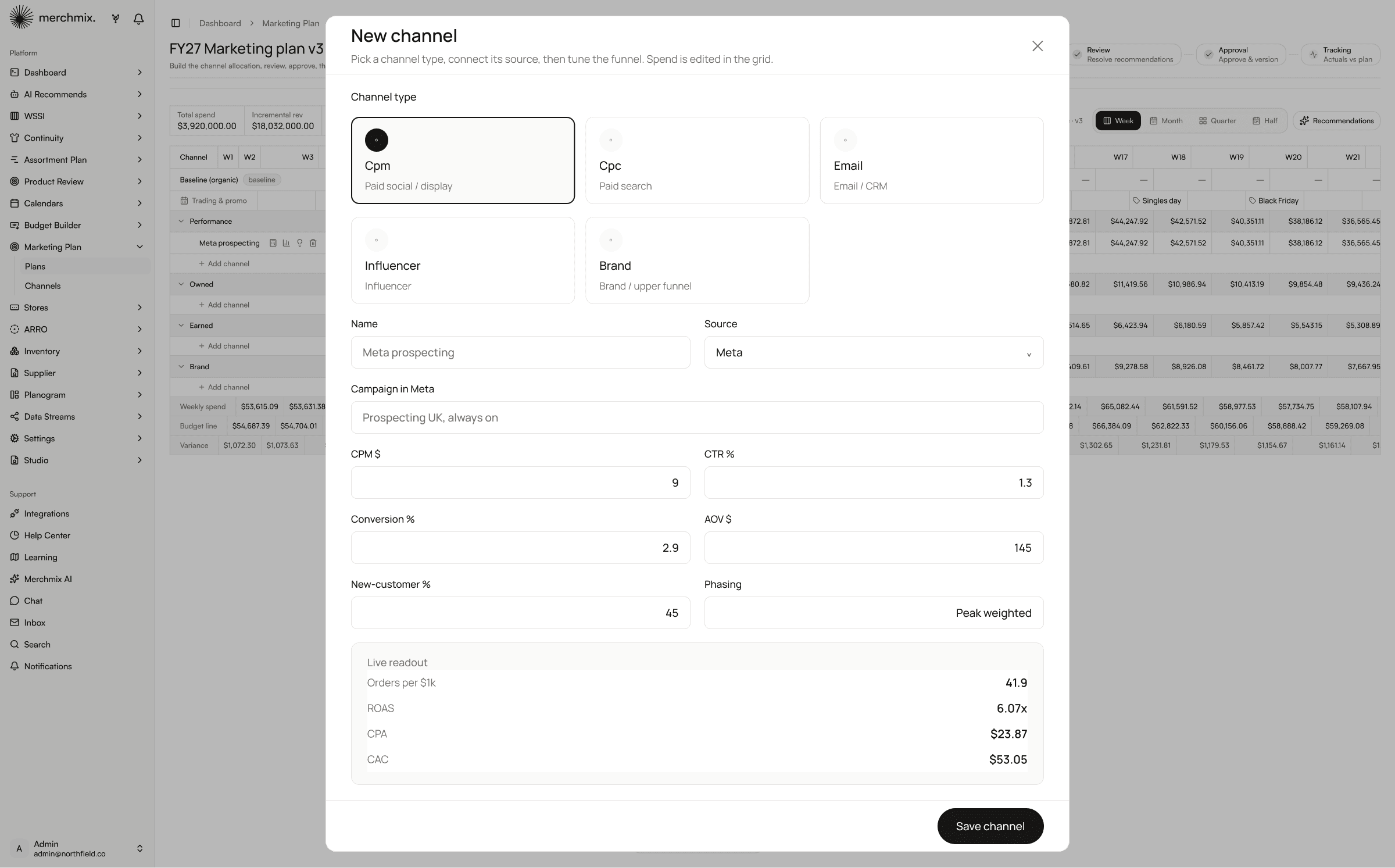 Adding a channel, with the funnel assumptions resolving into orders, return on ad spend, cost per acquisition and cost to acquire a customer