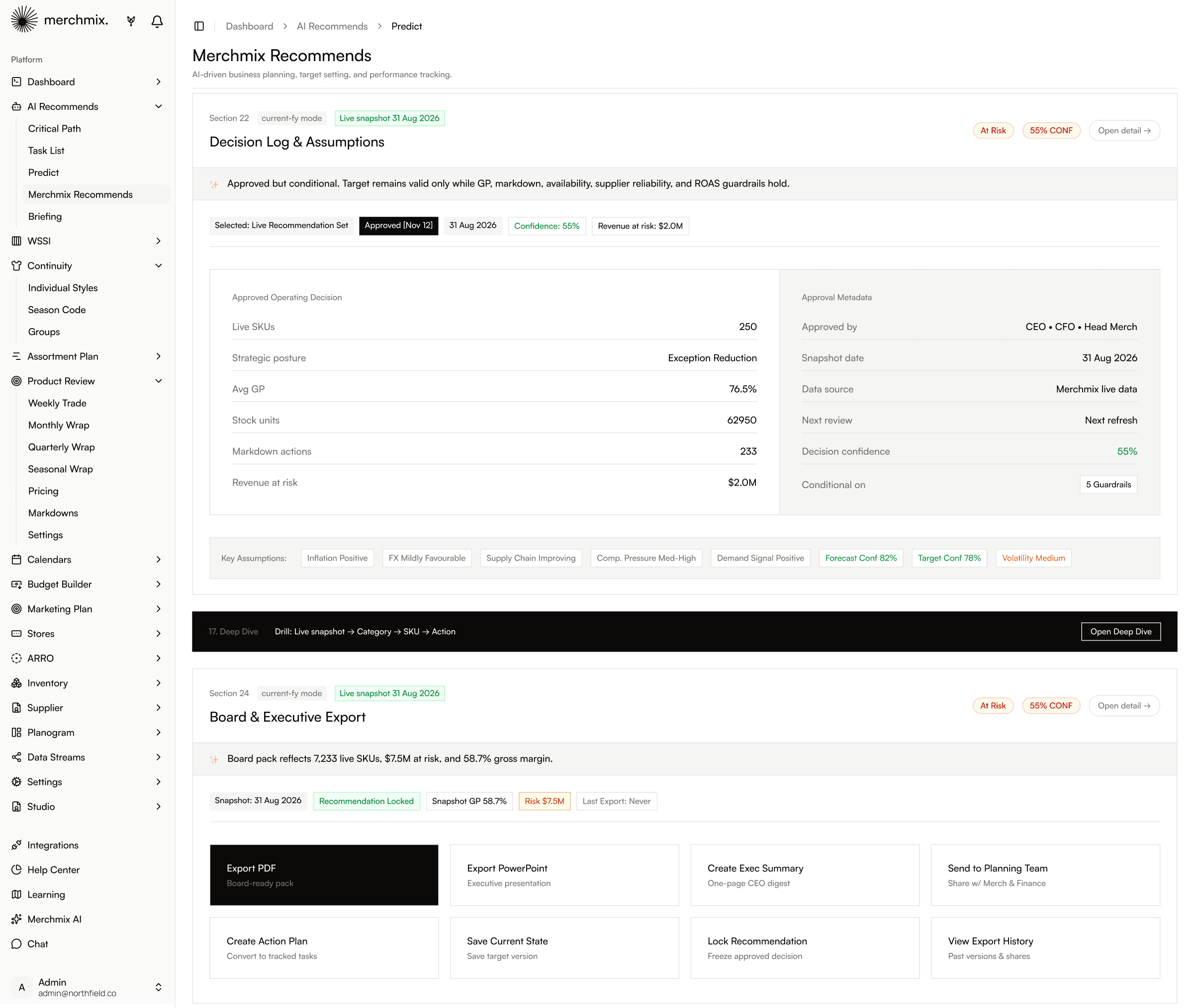 The Merchmix decision log with approval metadata and guardrails, alongside the board and executive export options.