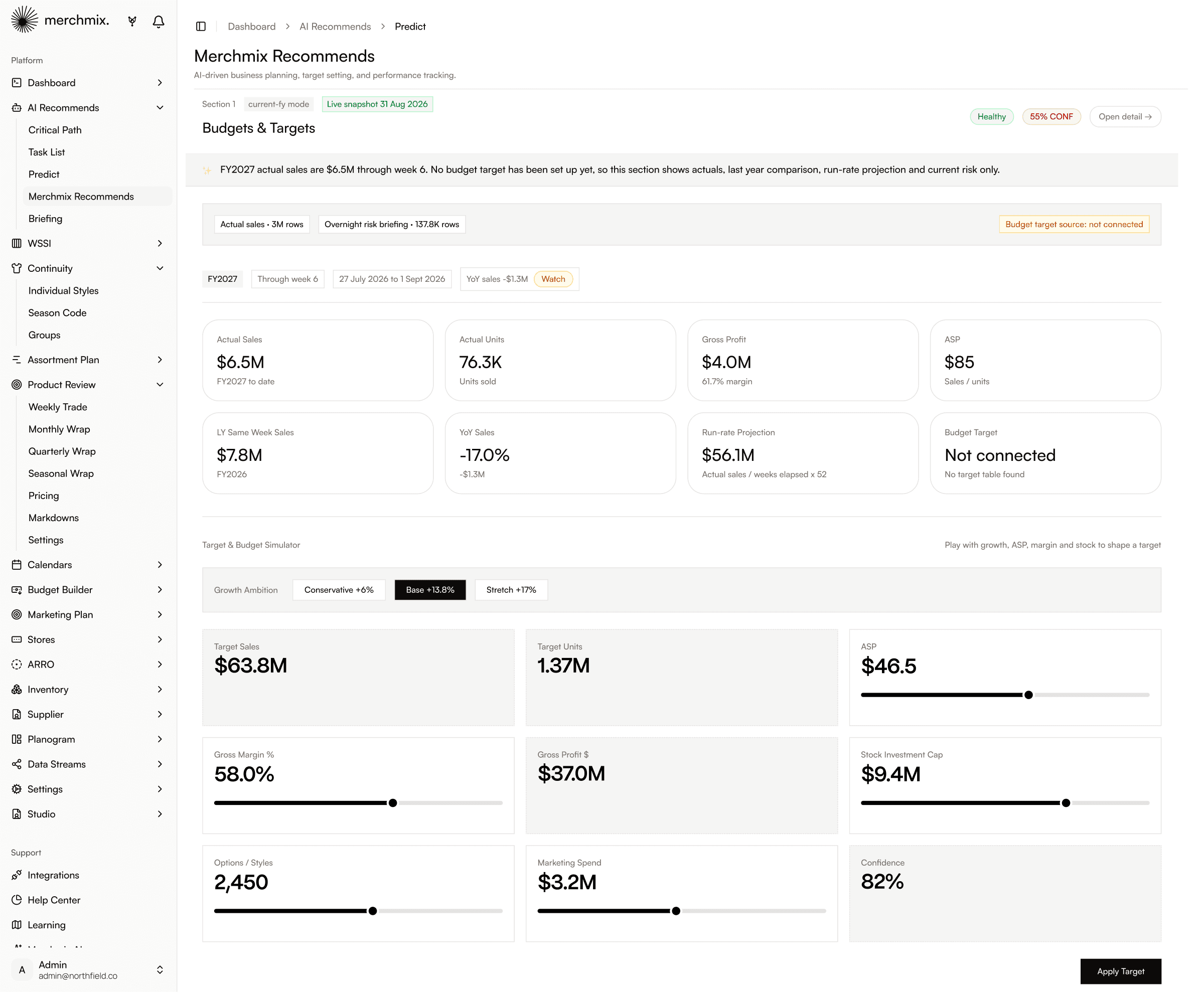 The Merchmix target and budget simulator, with growth ambition set to base and sliders for average selling price, margin, stock cap, options and marketing spend.