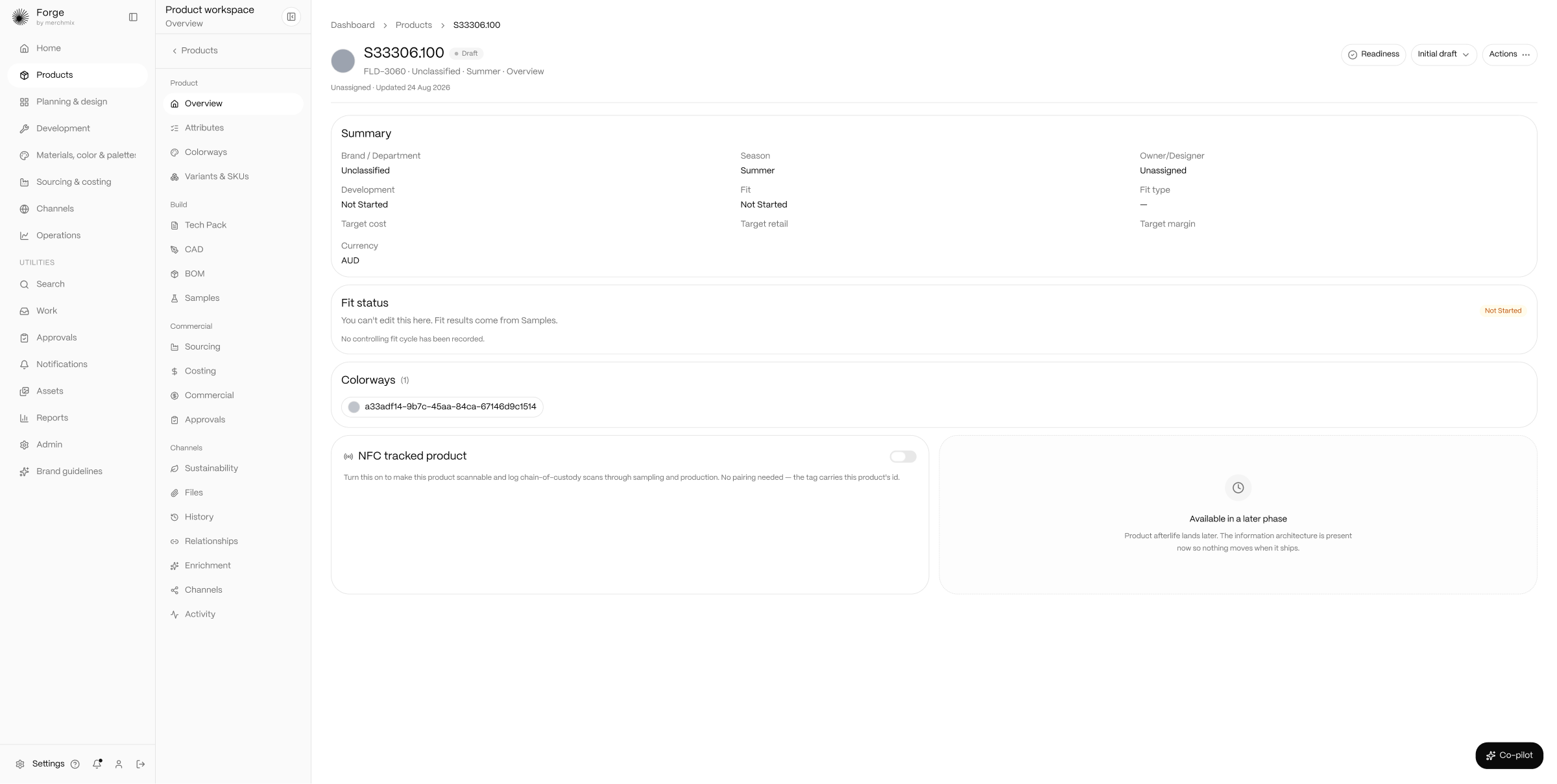 Product overview showing summary, fit status, colourways and NFC tracking for one style in Forge