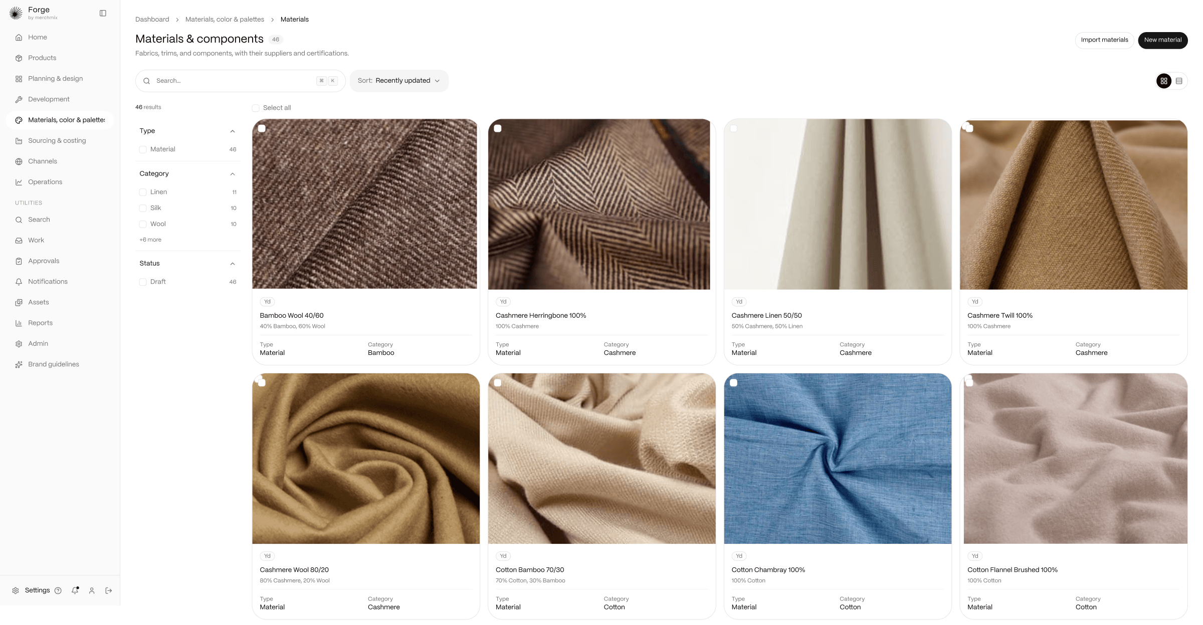 Materials and components library with fabric swatches, type and category in Forge
