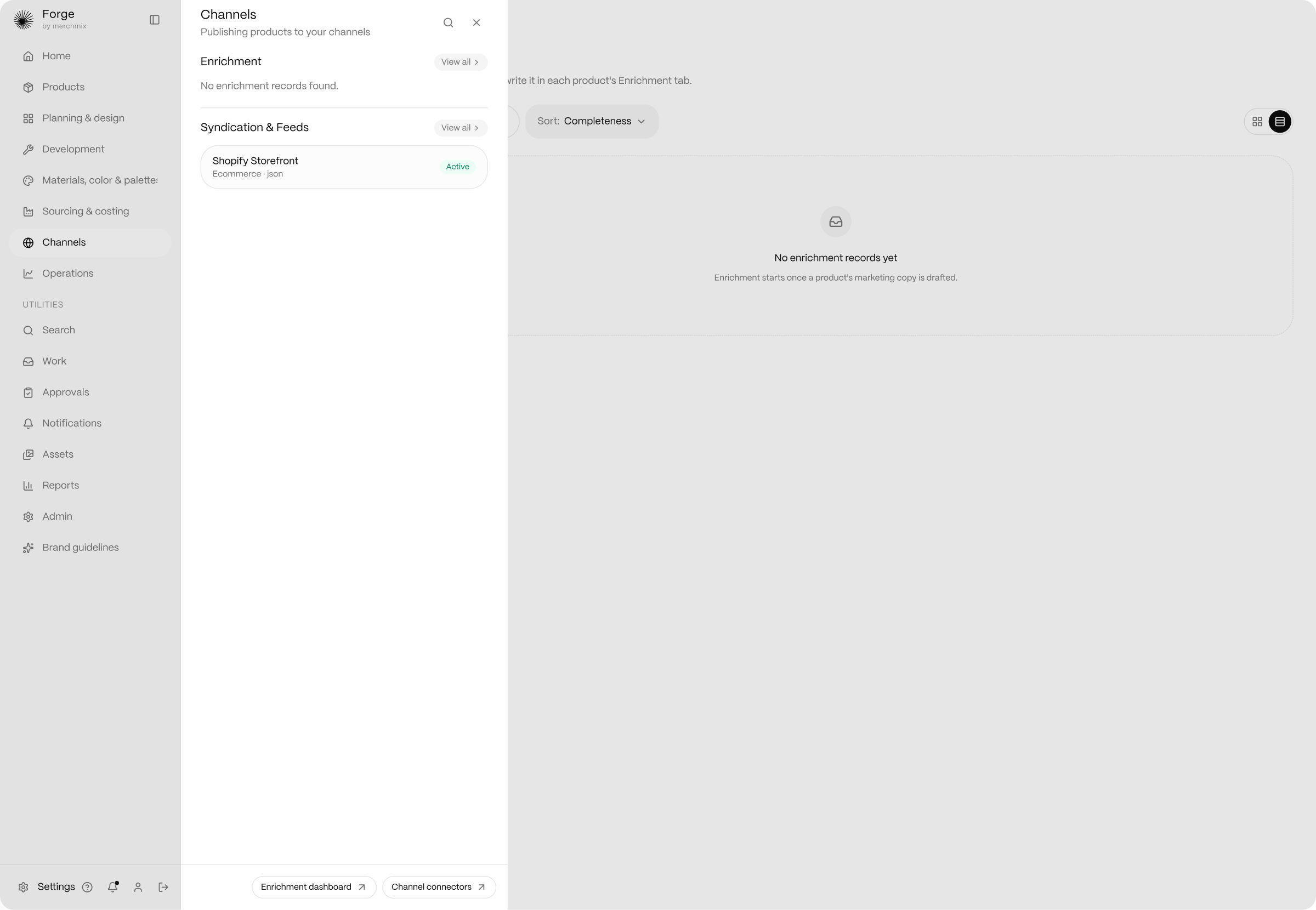 Product workspace publishing a style out to sales channels in Forge