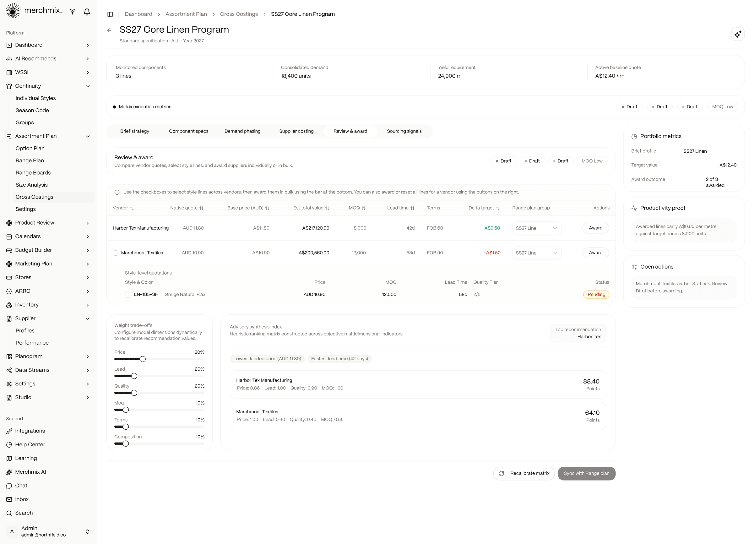 Cross Costing review and award screen comparing vendor quotes with weighted trade-offs