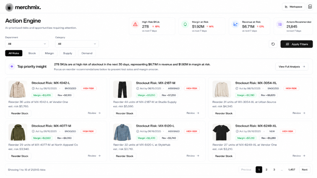 Merchmix action engine showing AI product recommendations