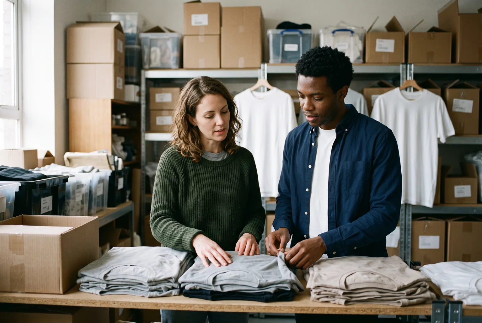 AI-generated photorealistic scene of retail colleagues reviewing garments in an apparel stockroom